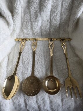 Vintage Brass Tone Kitchen Utensil Set with Wall Rack - Gold Finish